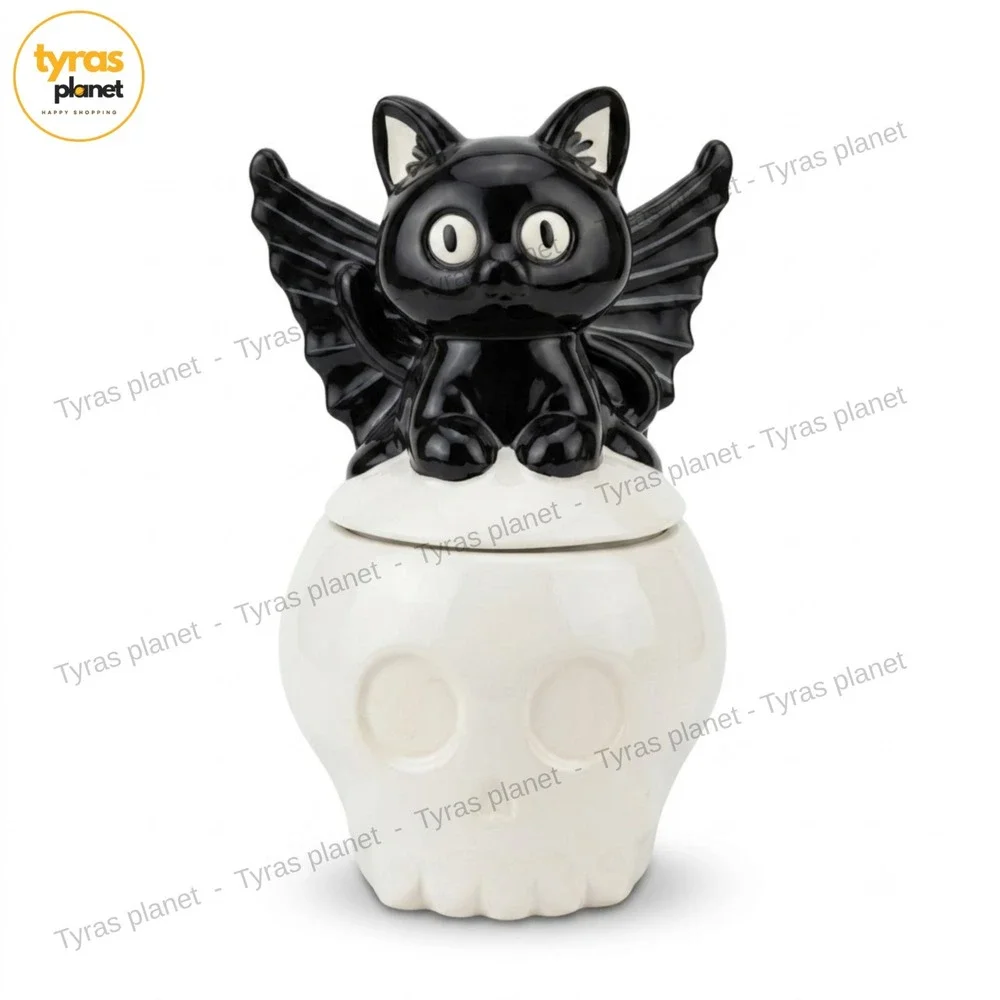 10 Strawberry Street Halloween Black Cat Batwings On Skull Cookie Jar Container